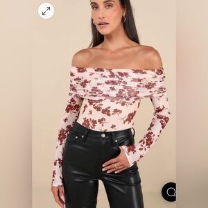Beige Floral Mesh Off-the-Shoulder Bodysuit